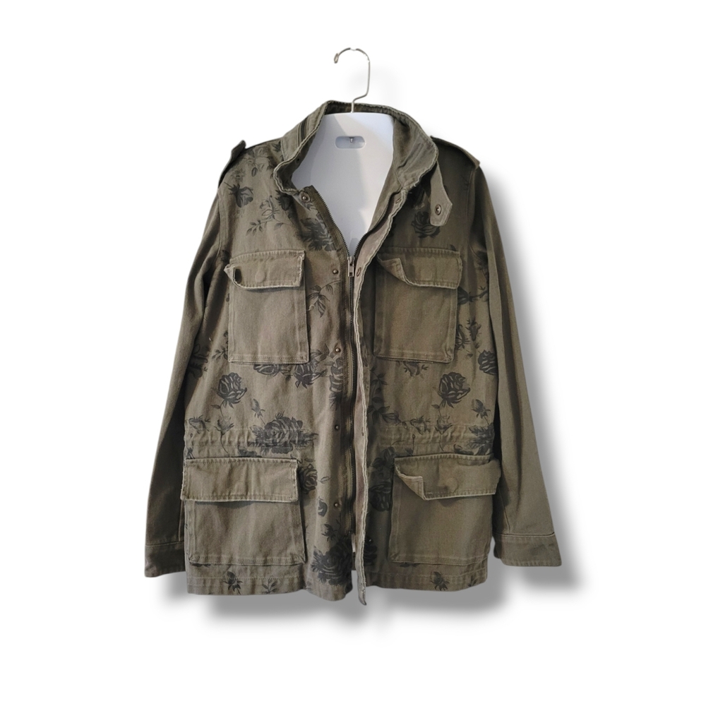 Signature8 | Olive Edgy Military Style Floral Embroidered Utility Jacket - Picture 2 of 12